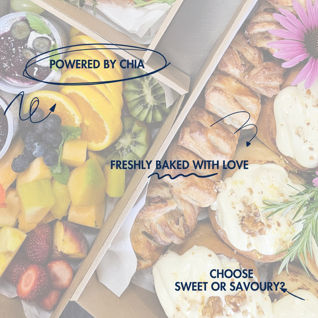 Assorted food items including pastries, fruits, and flowers with text 'Powered by Chia' and 'Freshly Baked with Love'.