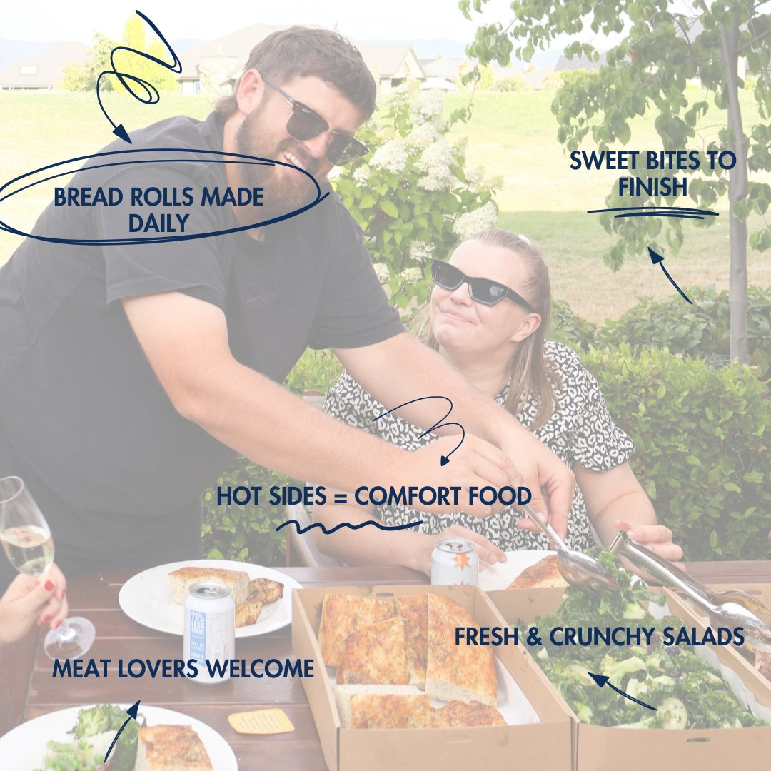 People enjoying a meal outdoors with text overlay about food options.