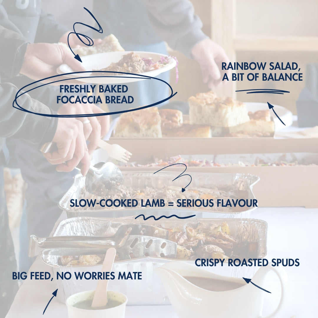 Person serving food with text describing the dishes on a blurred background
