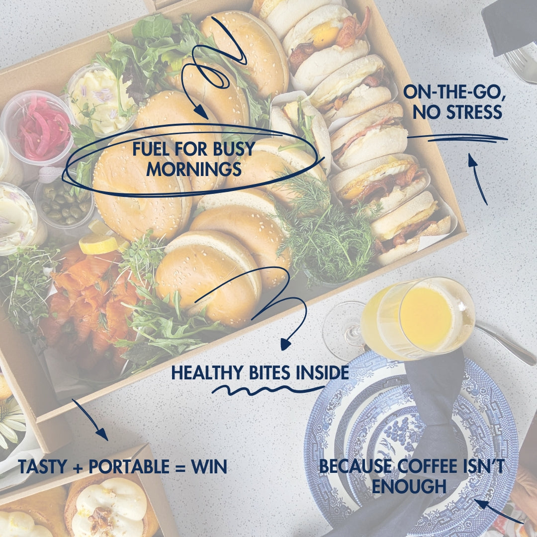 Prepared meals in a box with text highlighting benefits on a light gray background