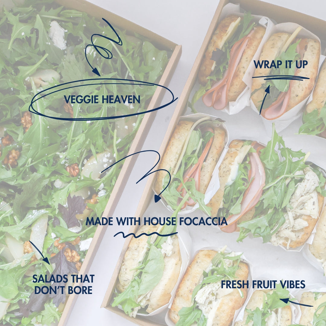 Two boxes of salads with text highlighting ingredients and style.