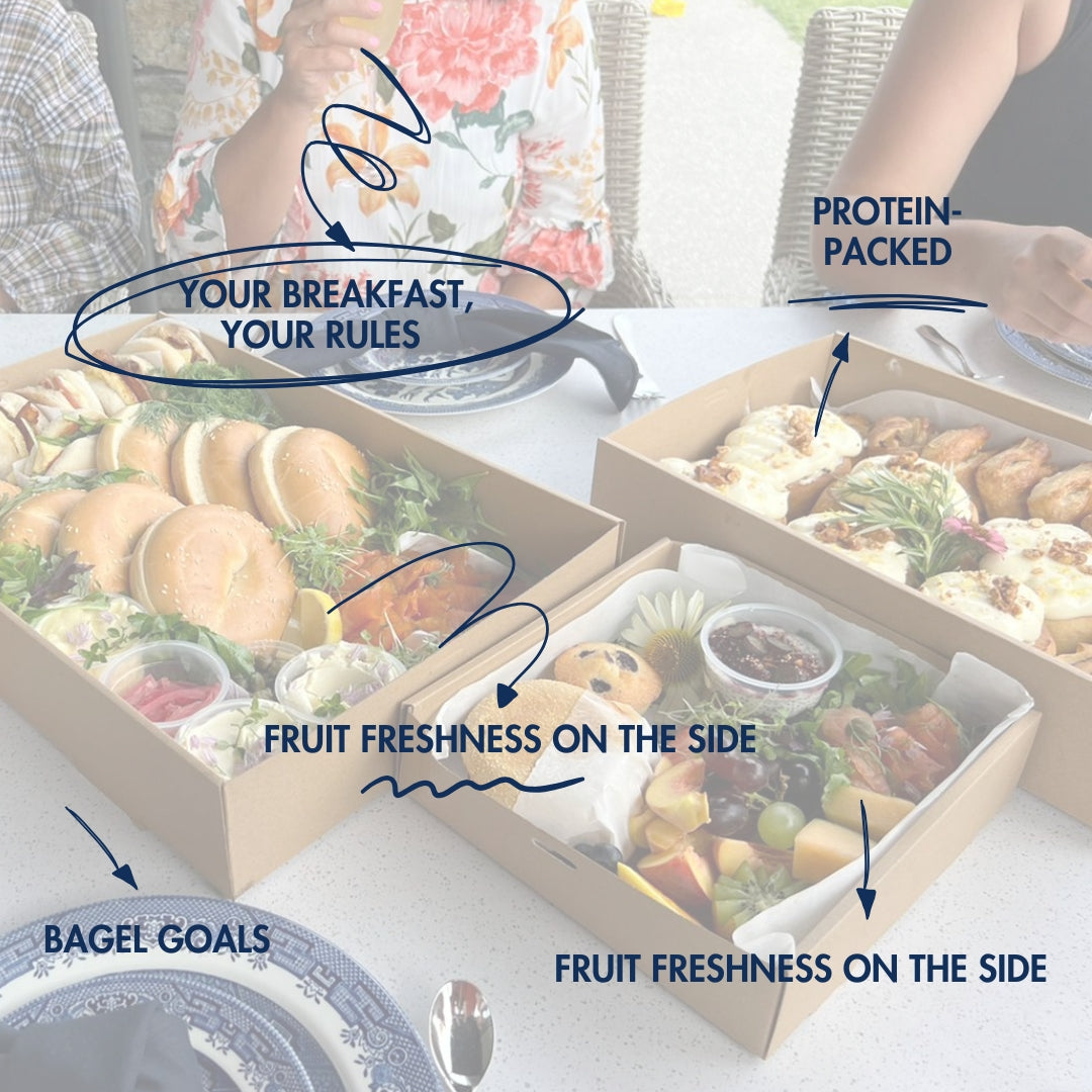 Two meal prep containers with breakfast items on a table, labeled with text about protein, fruit freshness, and bagel goals.