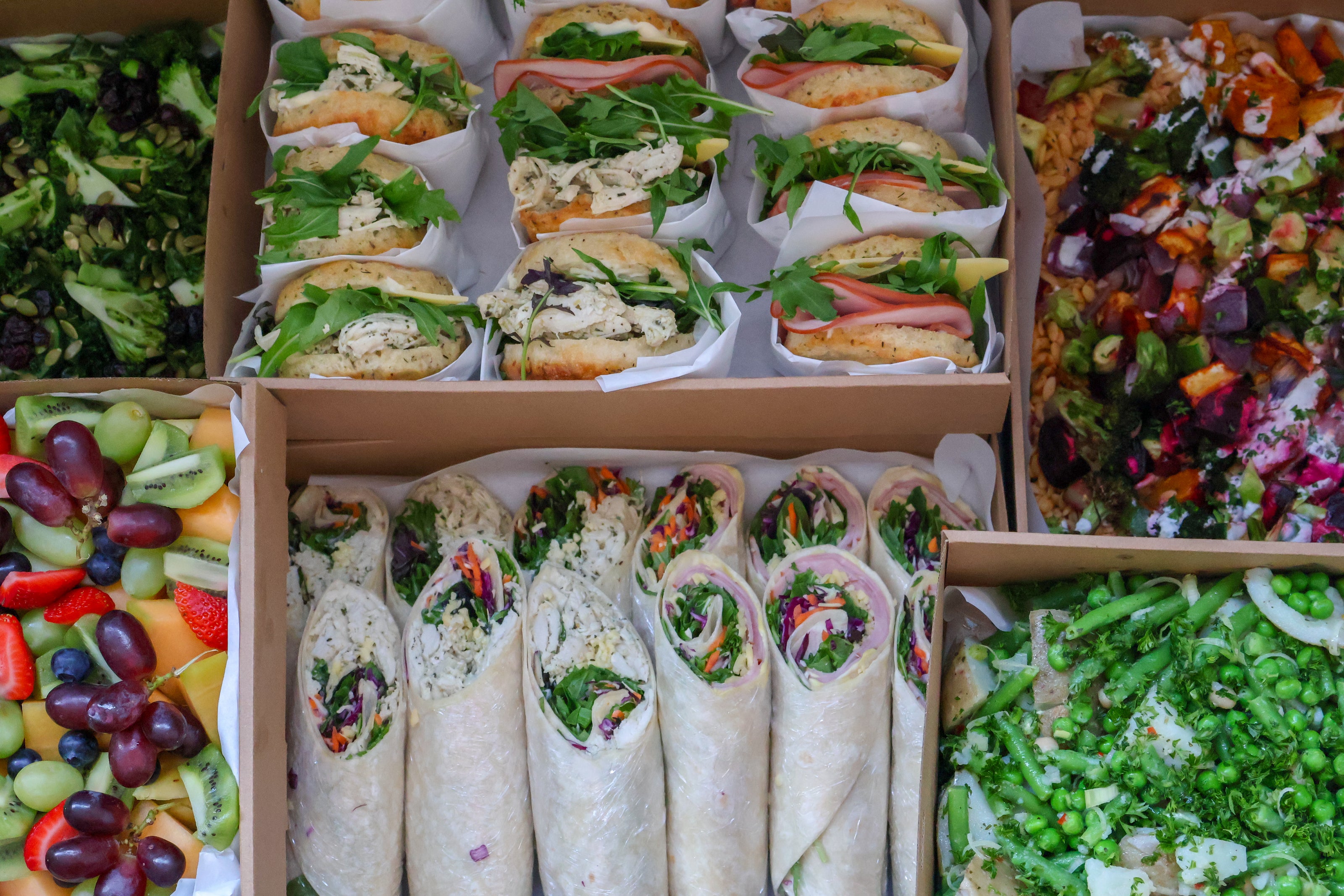 Buffet catering spread with fresh products